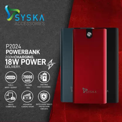 Syska 20000 mAh Power Bank (18 W, Fast Charging) (Blazing Red, Lithium Polymer)#JustHere Syska 20000 mAh Power Bank (18 W, Fast Charging) (Blazing Red, Lithium Polymer)#JustHere